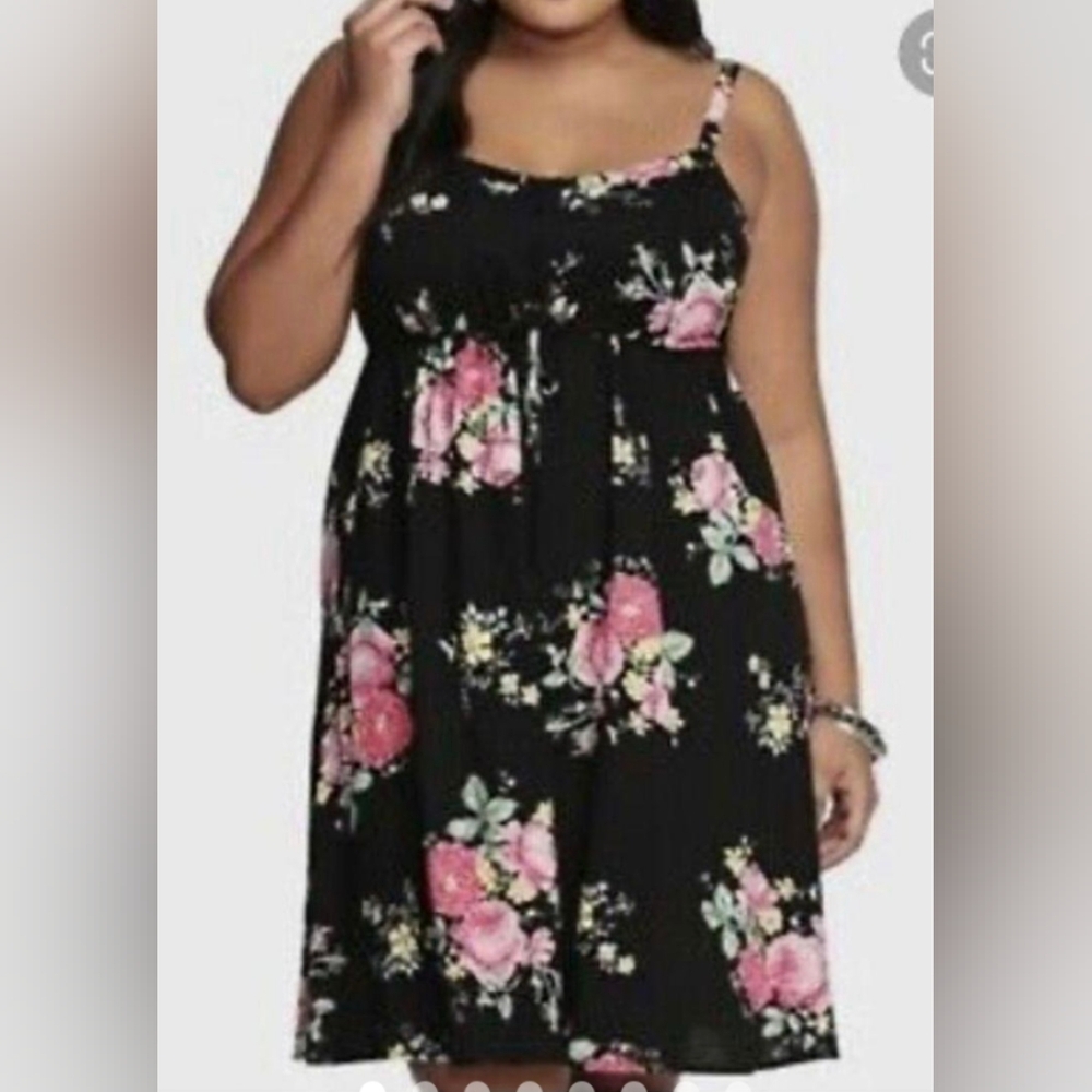 Torrid black floral tie waist summer dress.